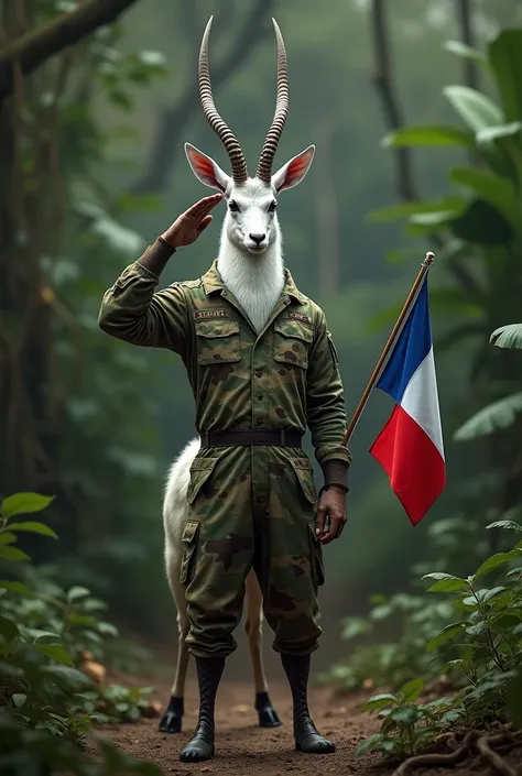 athletic white gazelle in camouflage fatigues holding a French flag and saluting