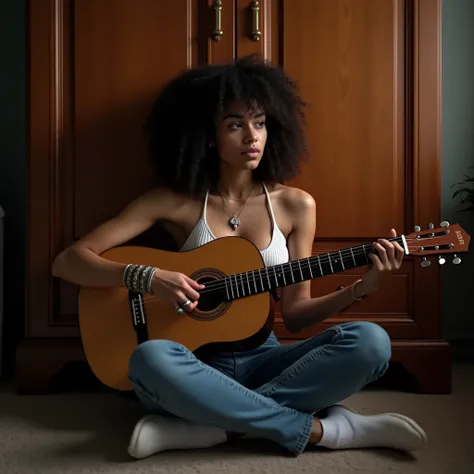 Une femme de 21 ans métisse cheveux bouclés jouant de la guitare assise au sol contre son immense armoire en bois. Elle a un haut décolleté blanc et un jeans. Elle regarde son ordinateur qui est devant elle. Il fait nuit et il y a la lumière de sa chambre....