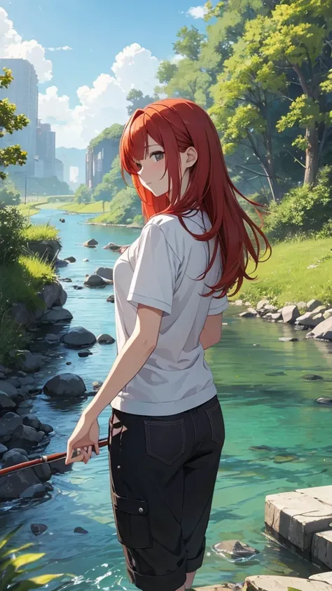 A redhead is fishing in the river、Composition seen from a distance、The weather is very nice、Detailed Background、Anime style illustrations