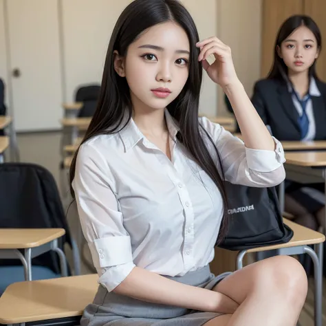 Indonesian high school female student, realistic, gray skirt, white shirt, original portrait, Realistic female student, gray skirt, white shirt, original portrait, studying in class, masterpiece, best quality, highest resolution, ultra HD , 8k