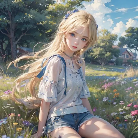 masterpiece: 1.2, Portraiture, Best Quality), Realistic, (Live Action, Intricate details, Written boundary depth), Best Quality, masterpiece, Attention to detail, semi-Realistic, On the grass, shy, 2, Short blonde, blue eyes, blonde、 Slim figure、Shoulder B...