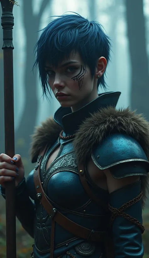 
"A cinematic, highly detailed 3D render of a fierce female warrior standing in a dark, misty forest. The warrior has short, messy navy-blue hair and intense, focused eyes, with her face adorned with tribal-like black war paint. The paint forms intricate, ...