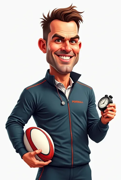 Caricature dun coach de rugby avec un ballon et un chronomètre 