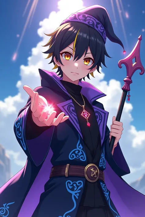 Anime style design of a semi-strong young man, with short black and yellow hair, with shining amber eyes and his wizard cap, with the power to manipulate magic and sorcery, who wears a black sorcerer outfit with mostly dark purple, with details of blue and...