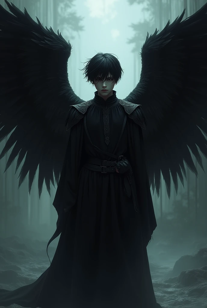 Black haired angel man with black wings and black clothes a little younger 