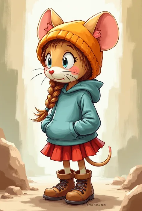 Shy anthropomorphic mouse girl with braid, orange hat, blue sweatshirt, red skirt, brown boots, Sonic style in sketch 