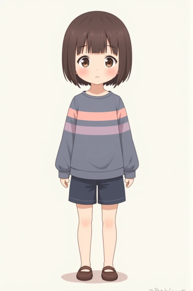 Generate a picture of a young, gender-female character with a simple, childlike appearance. She have short brown hair with straight bangs that frame her face. Her outfit typically consists of a long-sleeved shirt with alternating horizontal stripes in blue...