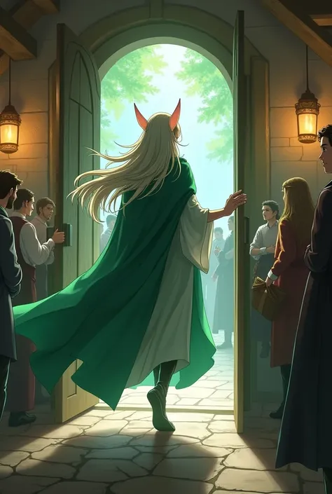 anime style, the tavern door opens with a bang. All eyes turn to the entrance. a tall figure, dressed in a green and silver cloak, with long ears and eyes like emeralds, enter non-local. Lyria, a legendary elf known for her skill with ancient magic, walks ...