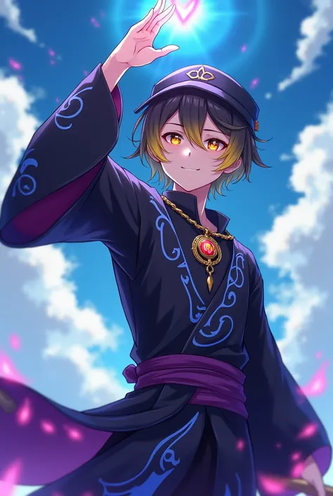 Anime style design of a semi-strong young man, with short black and yellow hair, with shining amber eyes and his wizard cap, with the power to manipulate magic and sorcery, who wears a black sorcerer outfit with mostly dark purple, with details of blue and...