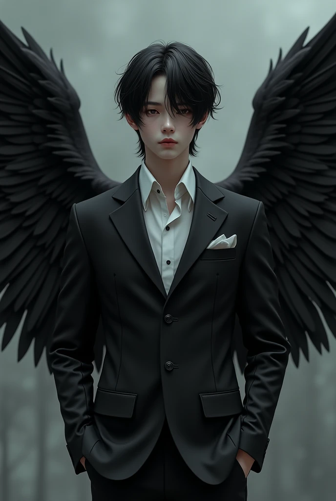 Black haired angel man with black wings, black suit with white part a little younger 