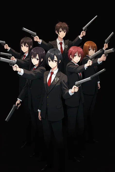 6 girls 5 boys holding guns and knife wearing mafia uniform black background 

 