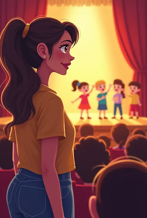 Mother, with an expression of pride, attend a school presentation. Their children shine on stage.
text: "Every achievement of your children is a shared victory." cartoon 