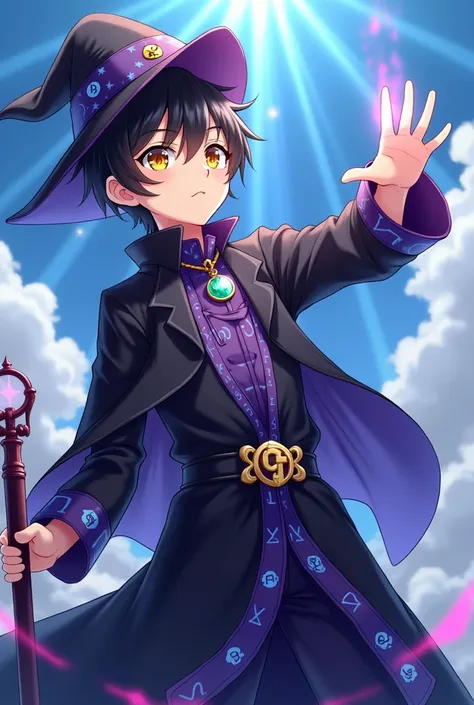 Anime style design of a semi-strong young man, with short black and yellow hair, with shining amber eyes and his wizard cap, with the power to manipulate magic and sorcery, who wears a black sorcerer outfit with mostly dark purple, with details of blue and...