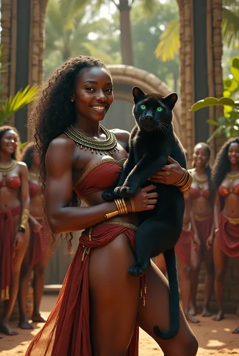 A wide-angle Panamera, full-body view of a stunning 2 African woman with medium melanin skin tone, fit and buxom, with dark natural curly hair. She stands side view confidently and proud in front of her luxurious throne in a desert wildlife zoo. Her attire...