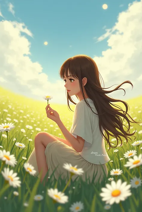 Tall girl with brown hair and brown eyes sitting in a wavy position in a daisy field plucking a daisy