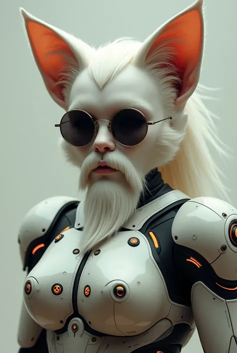 has big hair, big cat ears, has a white beard, and sunglasses, has a robot chest from FF, has no hair, is not a cat, no hair, please, round glasses