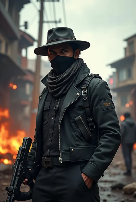 A stylish man holding a gun in accurate war scenario in fps game image form, with ninja hat, I need a pubg style image