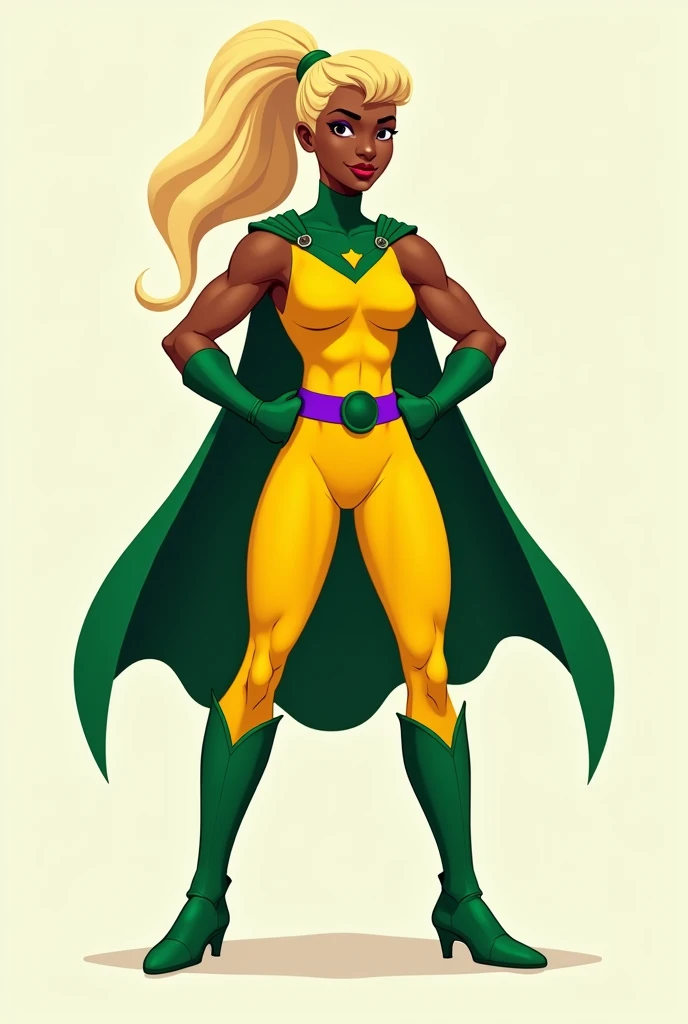 black girl, blonde ponytail hair, yellow full body suit, green cape, green gloves, green leather boots, purple waist, no background