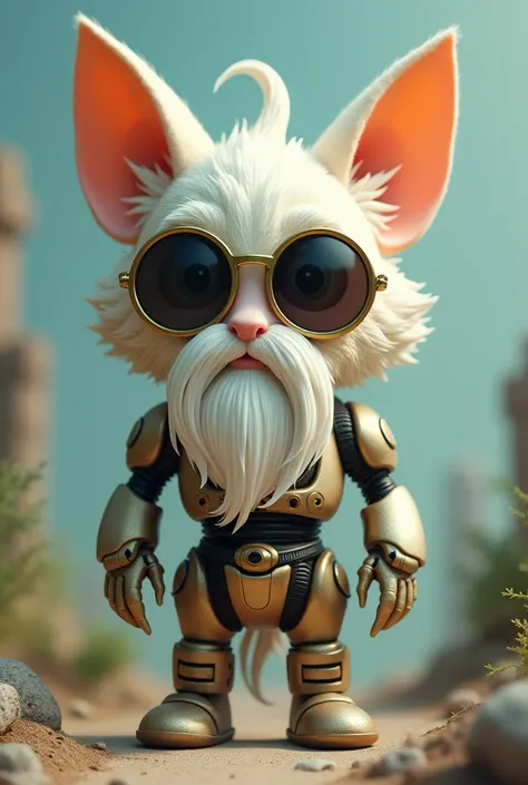 has big hair, big cat ears, has a white beard, and sunglasses, has a FF robot chest, no hair, no hair, no cat, please, round glasses and an oman