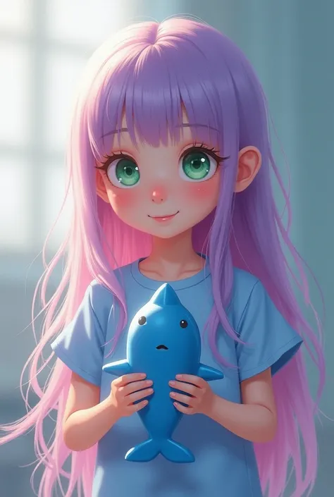 Girl with long soft pink hair, purple at the ends, green eyes, in a medical gown, holding a blue shark toy 