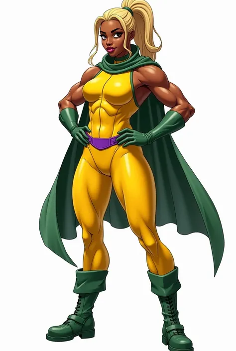 black girl, superstrong, huge muscles, blonde ponytail hair, yellow full body suit, green cape, green gloves, green leather boots, purple waist, no background