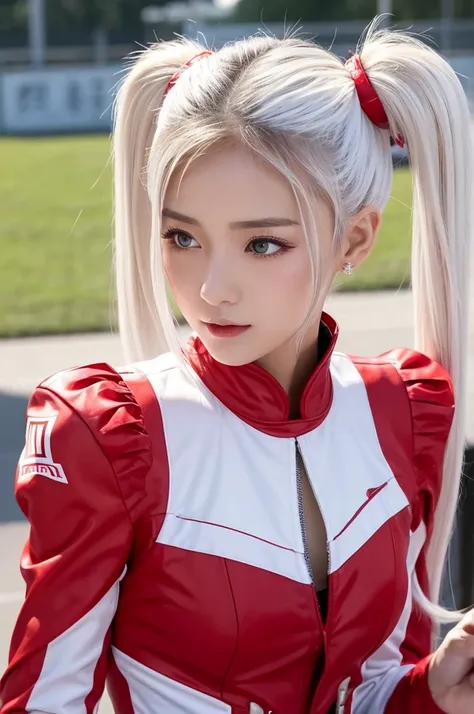 A short, small-breasted race queen in red and white。Her hair is white and in twin tails.