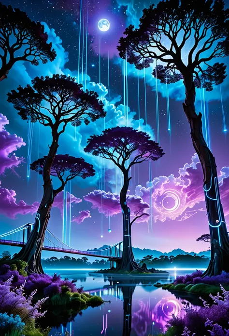 A surreal landscape where nature and technology blend harmoniously: towering bioluminescent trees with glowing circuits intertwined in their bark, set against a sky filled with nebula-like clouds in shades of deep blue and violet. Floating islands in the d...