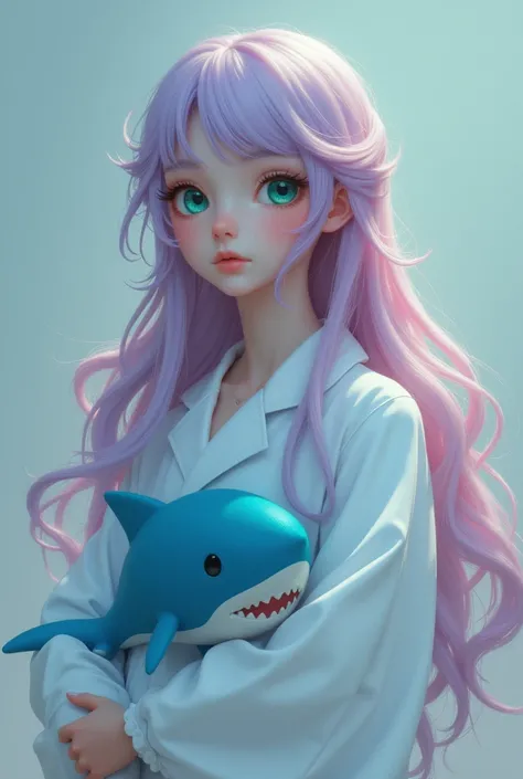 A grown-up girl with long, soft pink hair, purple at the ends, green eyes, in a medical gown, holding a blue shark toy. shy. 