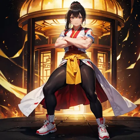 full body display、The woman who mastered the strongest Chinese martial art, the Superhuman Fist、2、One woman、Thick eyebrows、Slit eyes、Narrow eyes、Super Beauty、Black Hair、ponytail、With bangs、He stands with his arms folded, which is his strongest stance.、Musc...