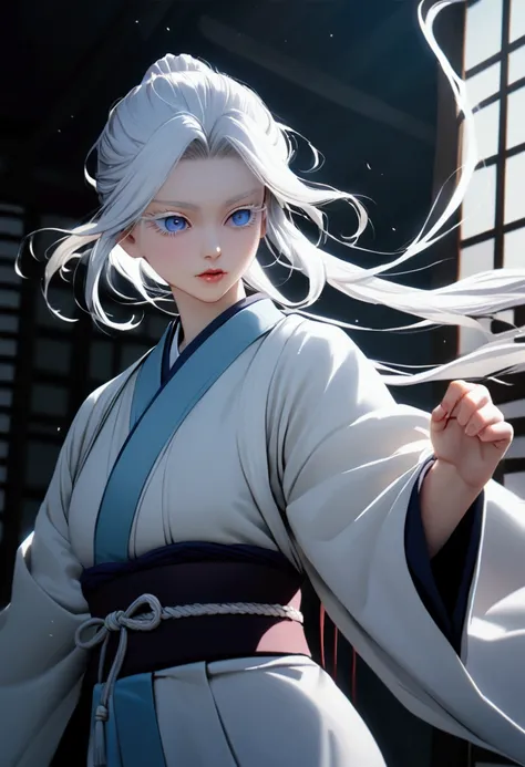 Girl with long white hair and blue eyes, white eyelashes and white and blue kimono, kimestsu no yaiba, demon slayer style