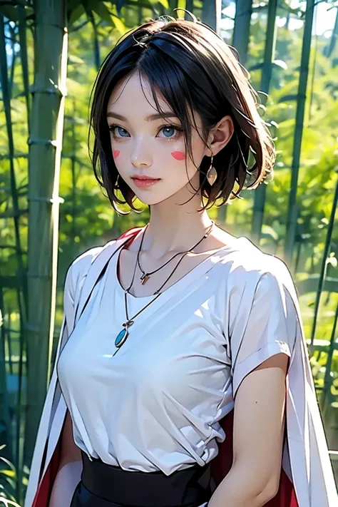 mj3d style,3dmm,3d,(masterpiece, Best Quality:1.1), Ghibli style, Mr. Miss. (mononoke hime), One woman, Bracelet, bangs, Black Hair, black undershirt, chest, Cape, Circlet, Earrings, Face Paint, Floating Hair, forest, fur Cape, Green Eyes, jewelry, View Vi...