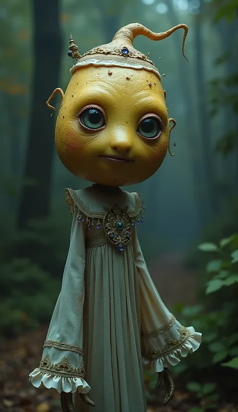 a surreal supernatural potato creature, 4k, 8k, masterpiece, Alice in Wonderland, clothed, highly detailed, intricate, imaginative, fantastical, cinematic lighting, vibrant colors, dramatic shadows, whimsical, ethereal, mystical, otherworldly, magical real...