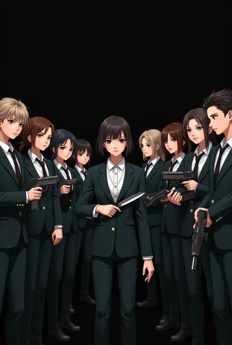 6 girls 5 boys, wearing mafia uniform, holding Guns and knife, the girl in the center holding knife, black background 