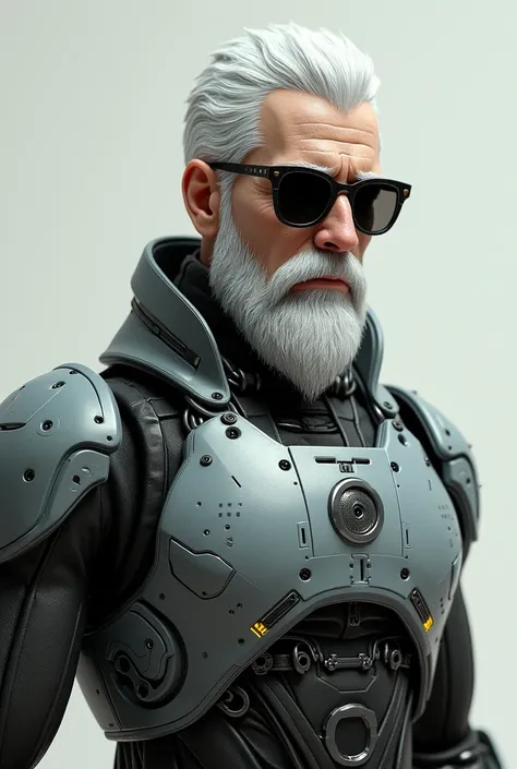 He has short white hair, has a white beard, and wears sunglasses. He has a robot chest from FF. He has no hair, he is not a cat, no hair, please, round glasses. He is 1. 