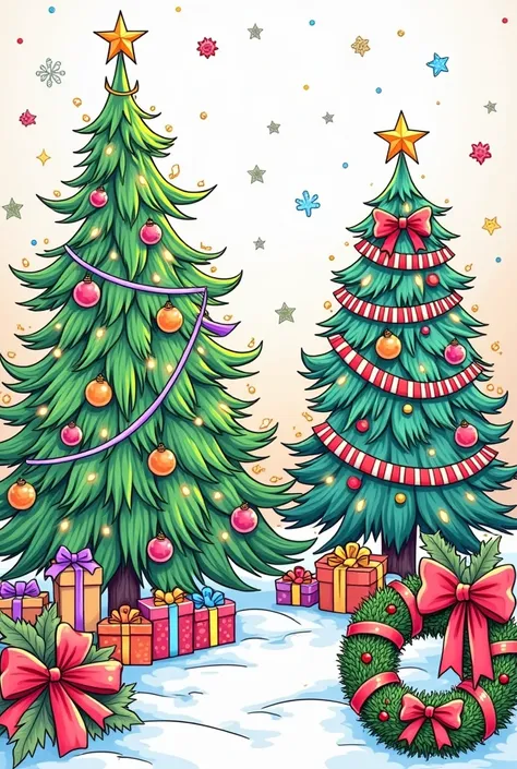 coloring book page,  about Christmas showing decorated trees and Christmas wreaths
