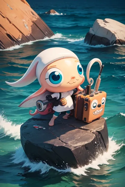 A cartoon squid with large cartoon eyes holding all manner of art supplies infront of a blank canvas on a rock in the middle of the ocean