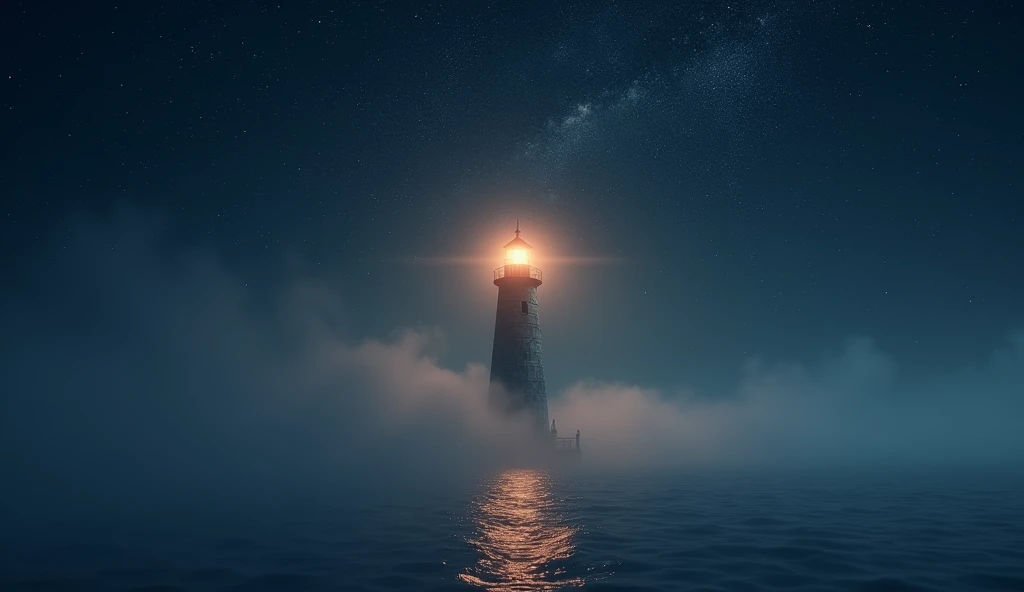 Change this lighthouse background, raidient light shining down on lighthouse, misty sea, stars in the sky, 8k