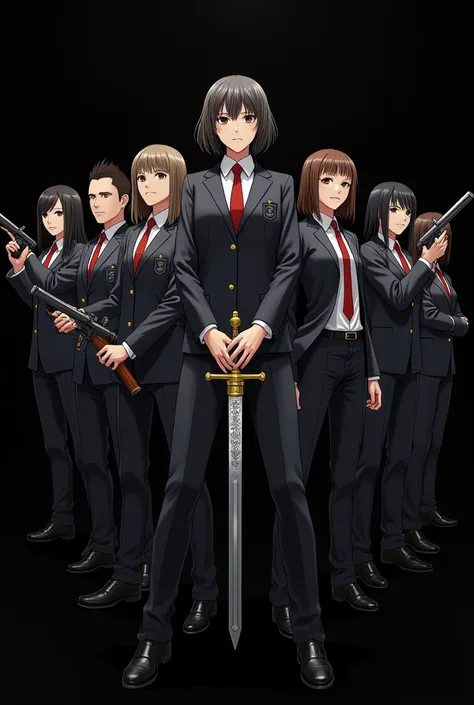 6 girls 5 boys, wearing mafia uniform, holding Guns and sword, the girl in the center holding sword, black background 