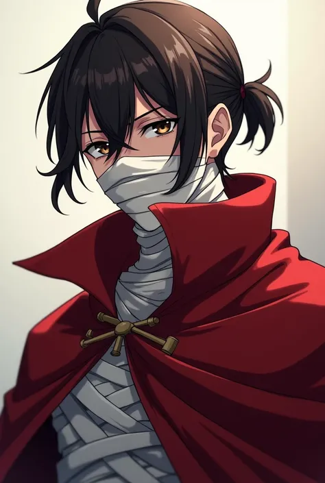 Man with dark brown hair in a short ponytail, wearing a black outfit and a blood red cloak on top, his body is covered in white bandages except for his eyes. anime style