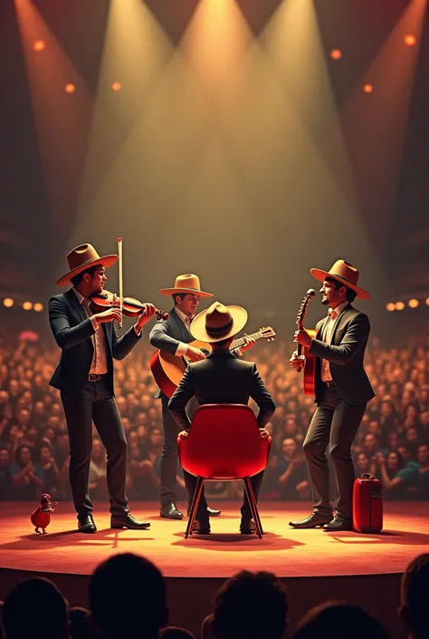  Create an image of 4 people, one with a flute and the other with a guitar., the other one with maracas and the last one with a violin, the image has to be as if it were a concert in the background, there has to be a lot of people as if it were a concert o...