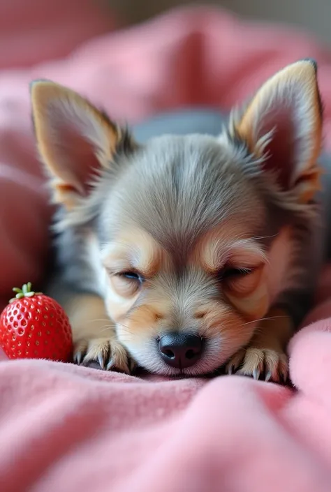 

Epic Realistic Photo of a Yorkie Terrier Puppy: The puppys fur is light gray with white highlights, and its muzzle is also light gray with delicate white accents. The Yorkie puppy is lying on a strawberry pink bed. The puppys front paws are positioned un...