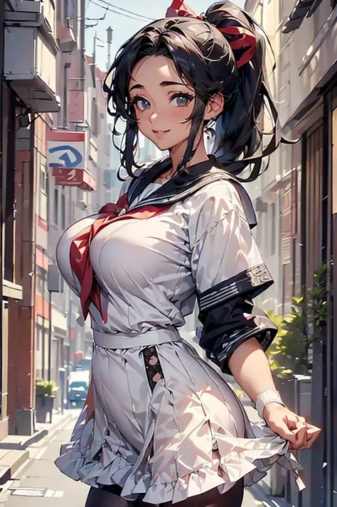 ((((High resolution, Intricate details, masterpiece, 8k)))), (((beautiful, Sailor suit, tights, White skin, Frills, lace, Town, building))), (One Woman, middle part, Black Hair, Red cheeks, smile, Big Breasts, Large Breasts, Huge Saggy Tits, Long Breasts, ...