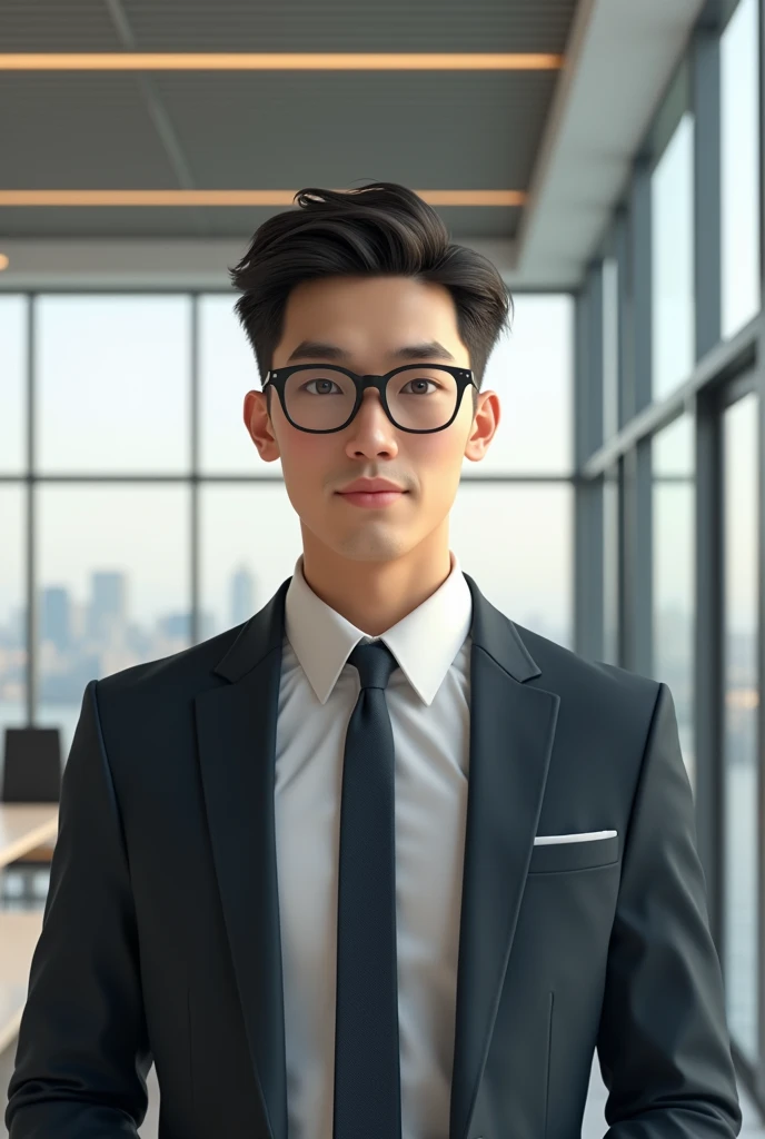 Wearing rimless glasses、A handsome office worker with a baby face