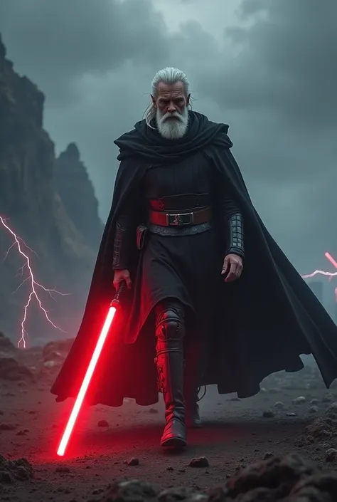 King Arthur as a Sith, red lightsaber, advancing 