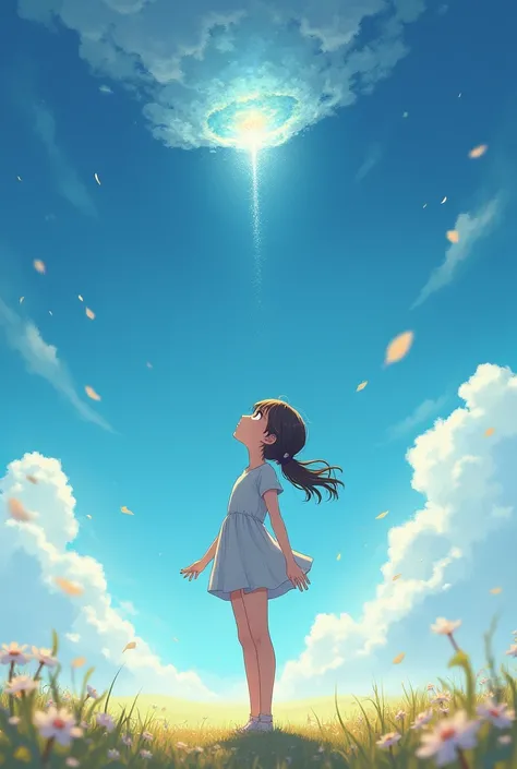 A girl standing amazed while looking up