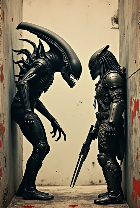 Xenomorph in situation with Predator, bansky style, analog colour 