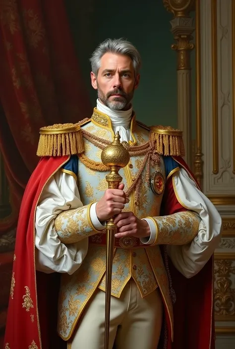 make an 19th napoleonic century portrait of a silver haired 40 year king of westphalia (with all the robes and glitter of majesty and royalty) full body more glitz and power holding a sceptre (and make shre his attire is gold and crimson red and white) you...