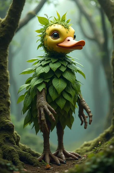 Make me a doll with tree legs and hands made of branches and a body made of leaves and a duck head.
