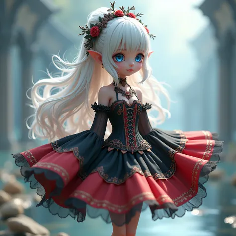 ((extremely detailed unity 8k cg wallpaper)), work of art, ultra-detailed, floating, high resolution, sexually suggestive, (small, absurdly long white hair, princess, White Mage, blue eyes, (short black and red sheer dress with long layers and wide highlig...