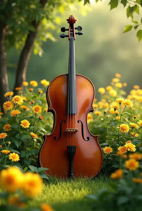 Cello in a garden surrounded by yellow tajibo flowers